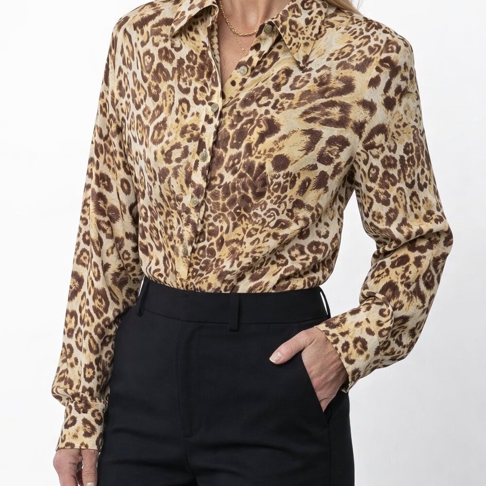 Y2K Eccoci Silk Leopard Print Button Front Shirt Size 12